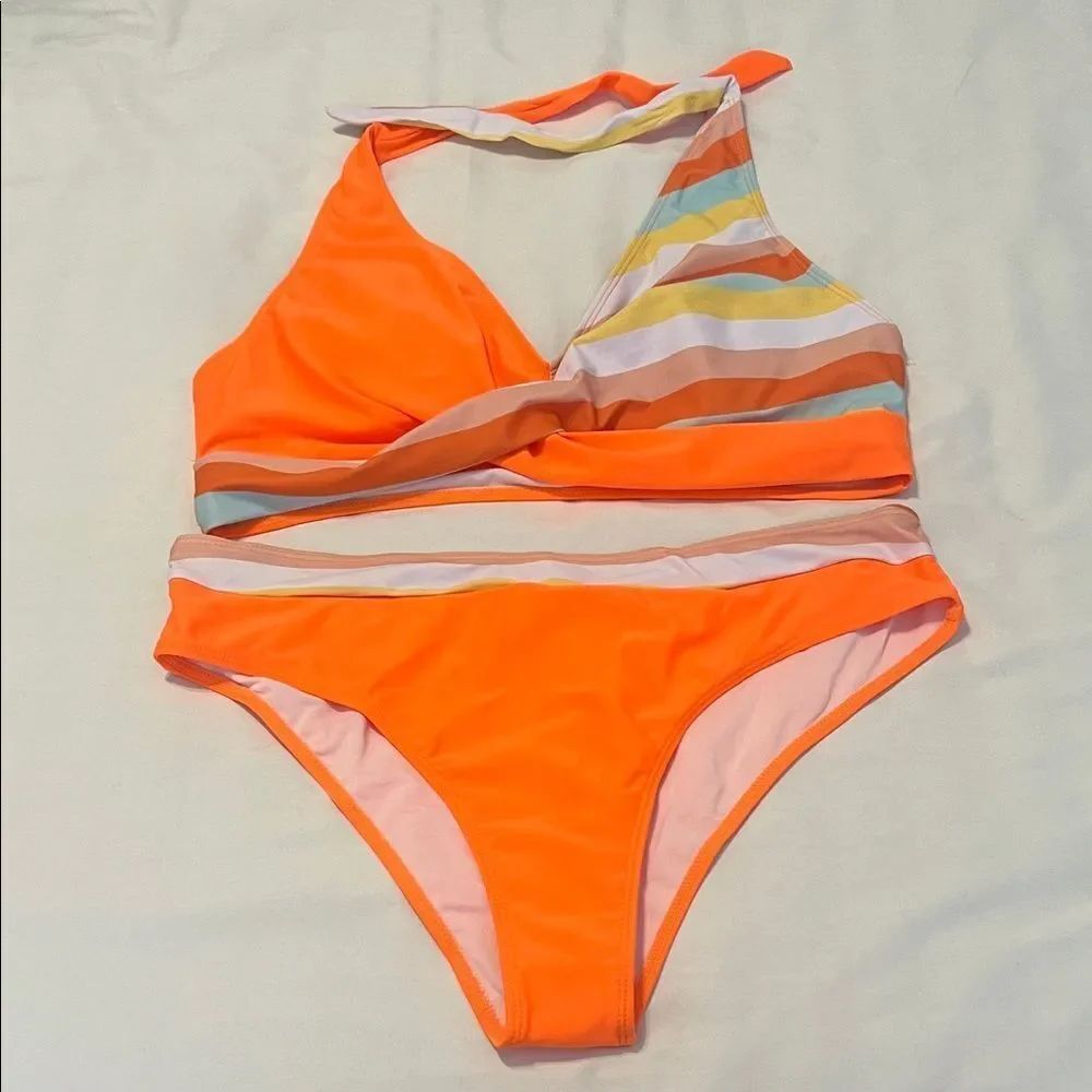 NWOT unbranded size XXL Neon Orange Two-Piece Halter Bikini with Striped Accent